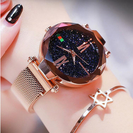 "Elevate Your Style: Luxury Women's Mesh Watches with Magnet Buckle and Starry Diamond Geometric Surface"