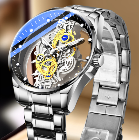 "Timeless Sophistication: Men's Skeleton Automatic Quartz Watch - Vintage Gold Luxury"