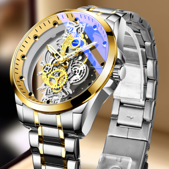 "Timeless Sophistication: Men's Skeleton Automatic Quartz Watch - Vintage Gold Luxury"