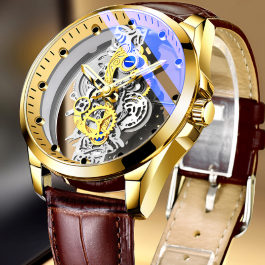 "Timeless Sophistication: Men's Skeleton Automatic Quartz Watch - Vintage Gold Luxury"