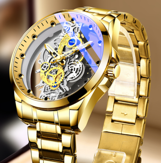 "Timeless Sophistication: Men's Skeleton Automatic Quartz Watch - Vintage Gold Luxury"